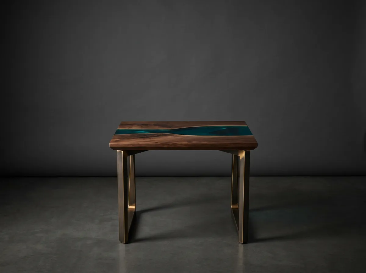 Elegant end table displaying organic live-edge timber accents and deep ocean teal epoxy