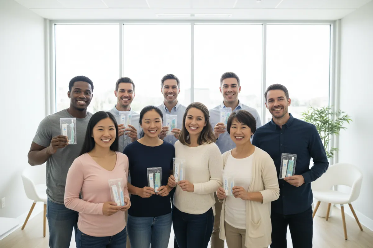 A diverse group of smiling adults, each holding a dental care kit, standing together in a bright, modern dental clinic with large windows and natural light. The group includes different ages and ethnicities, all looking happy and confident, with a clean, welcoming environment in the background.