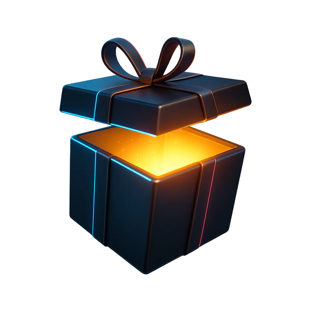 Sleek tech mystery box glowing with neon orange and cyan