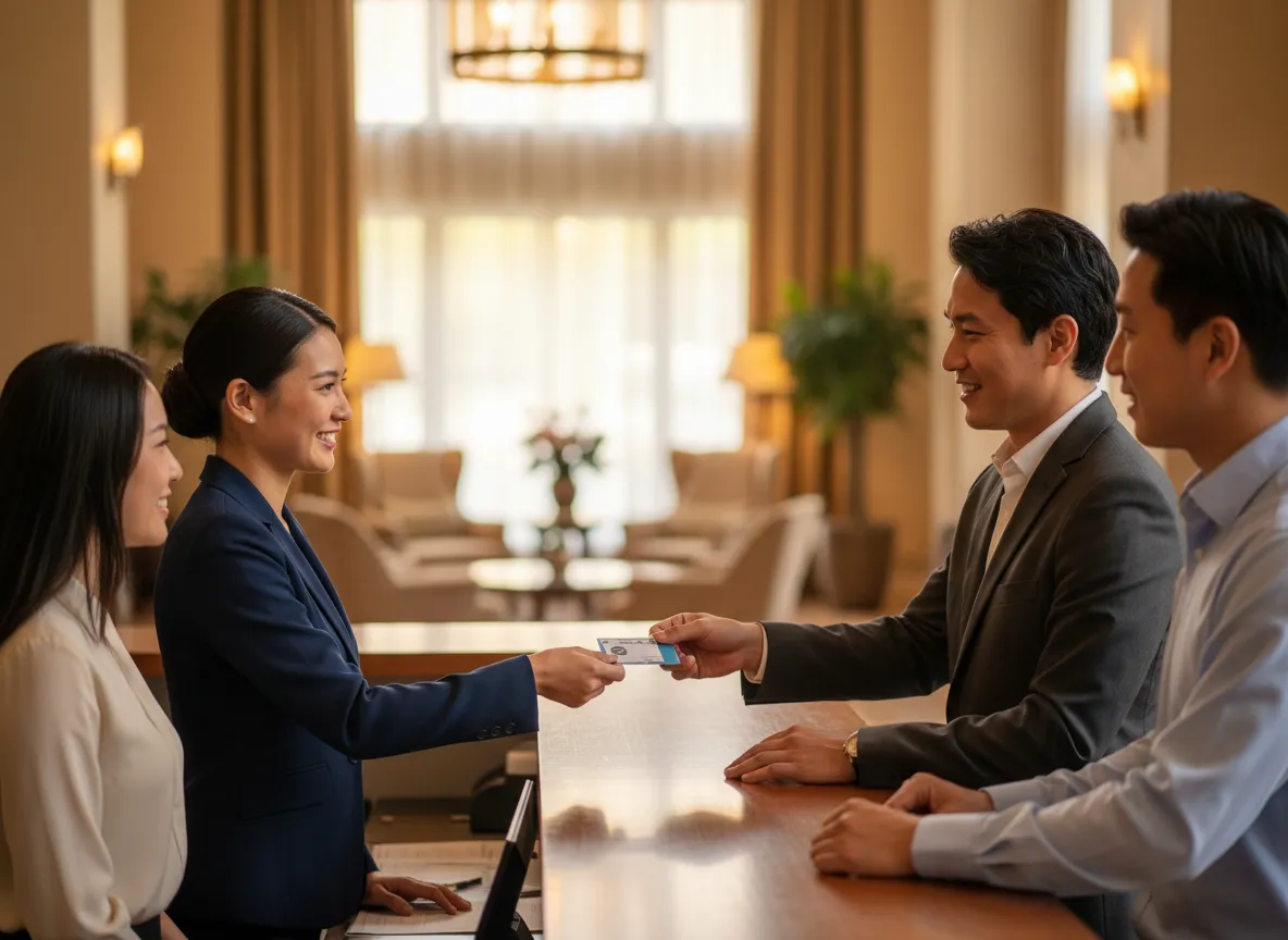 Friendly welcome desk at a business networking breakfast