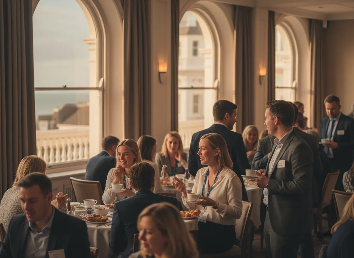 Brighton business networking breakfast room with attendees talking over coffee