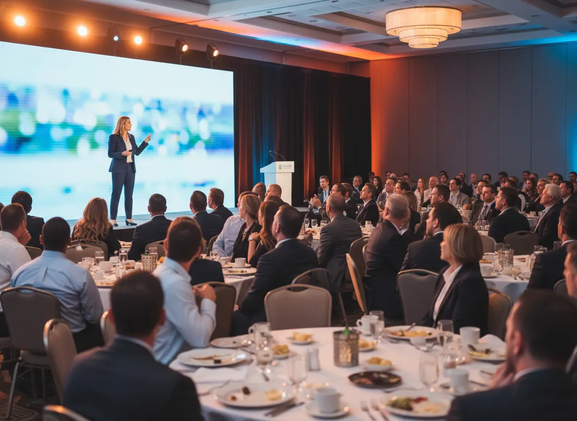 Event sponsor speaking on stage at BBBC with audience in the room