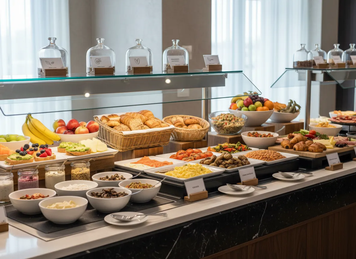 Breakfast buffet with vegetarian and vegan options at a business networking event