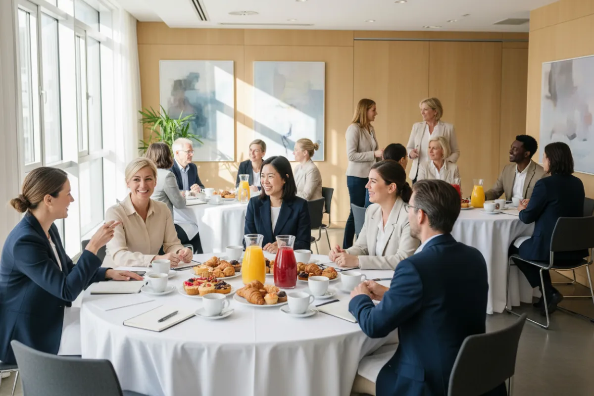 Business owners networking around breakfast tables at BBBC