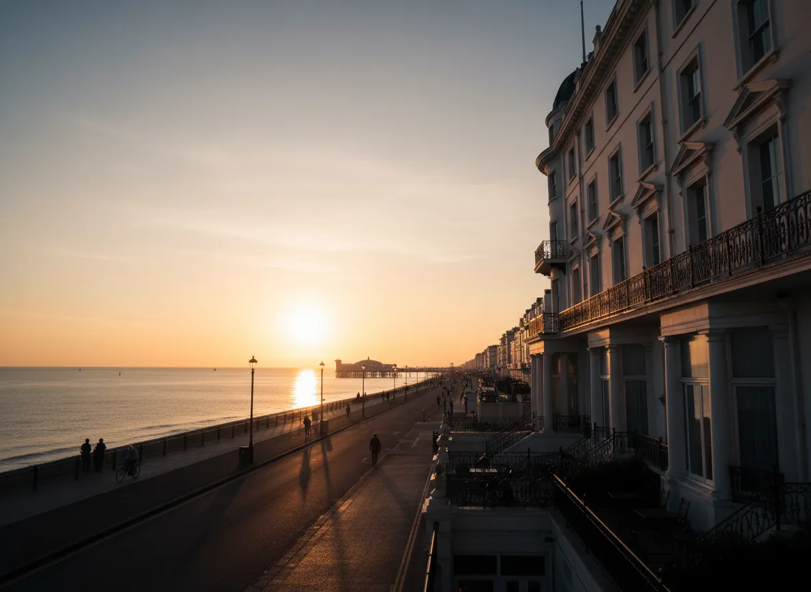 Brighton seafront sunrise with business venue in the background