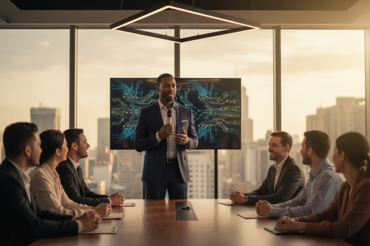 Black man speaking to a diverse audience in a modern fintech setting