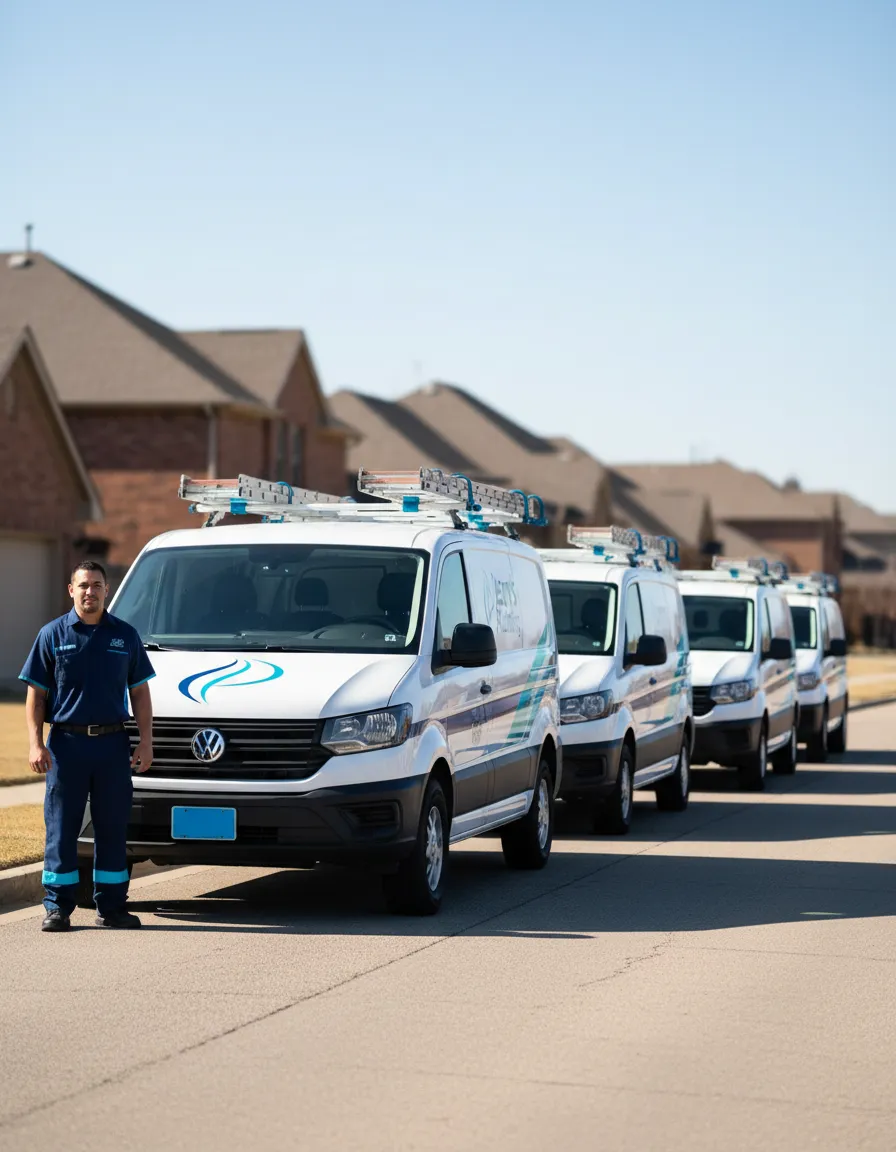 Jerry's Plumbing service fleet parked locally in Enid, Oklahoma