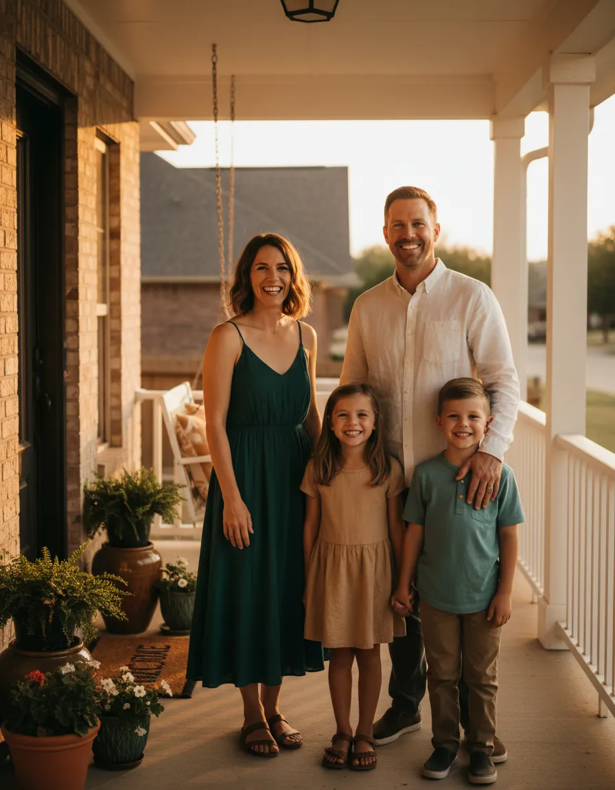 Happy family standing in front of their new home in Enid, OK