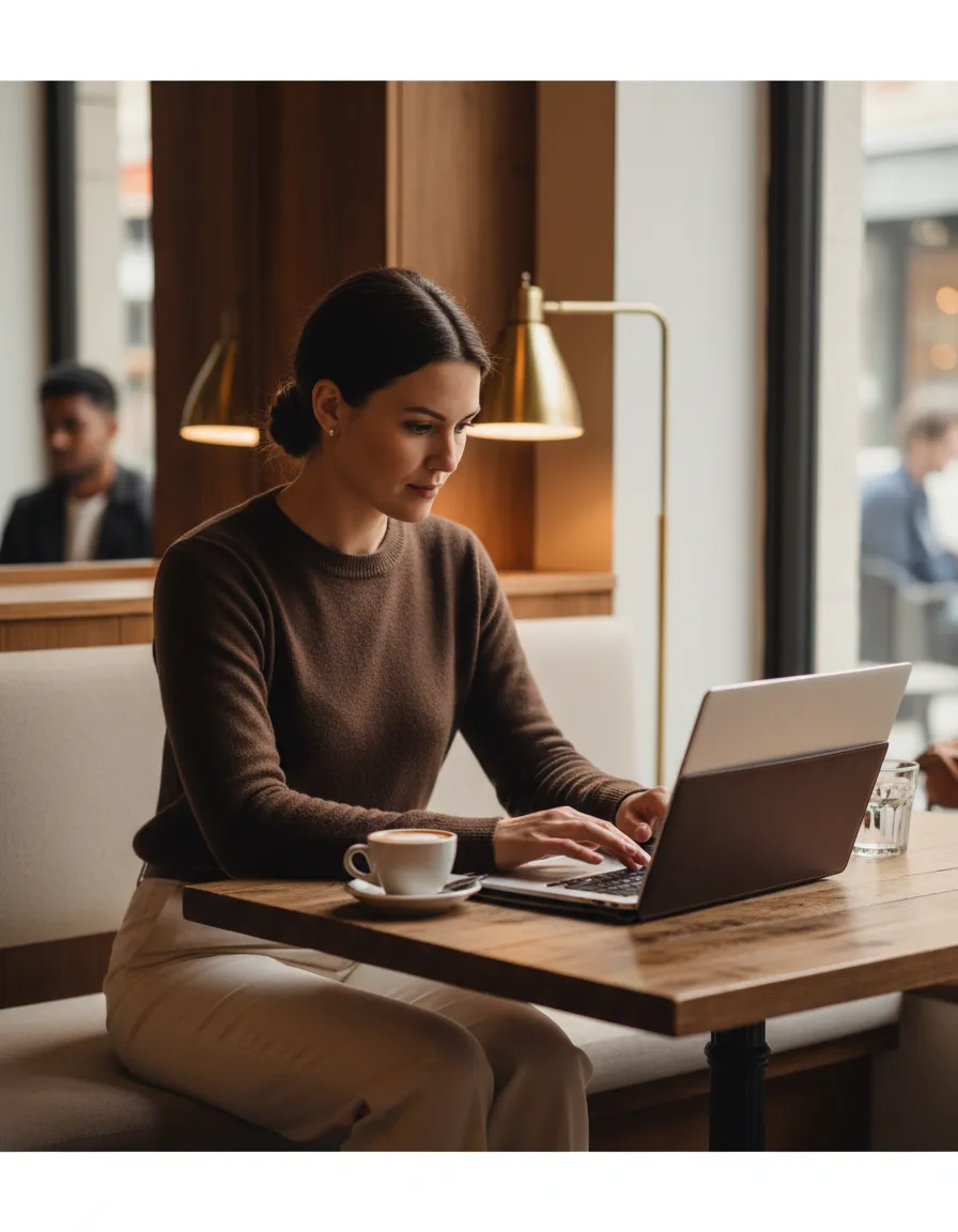 Consultant actively working on a laptop at a beautiful cafe table