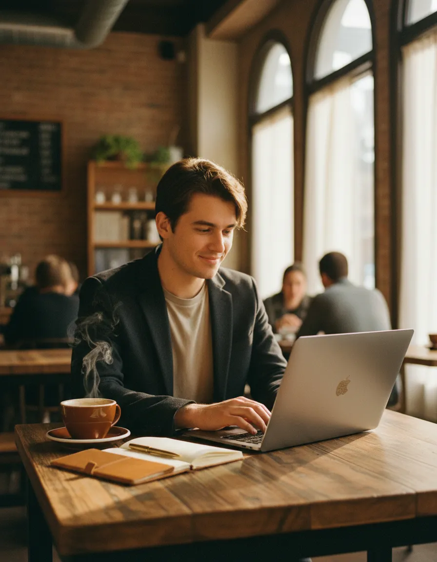 A founder working in a warm, comfortable coffee shop environment
