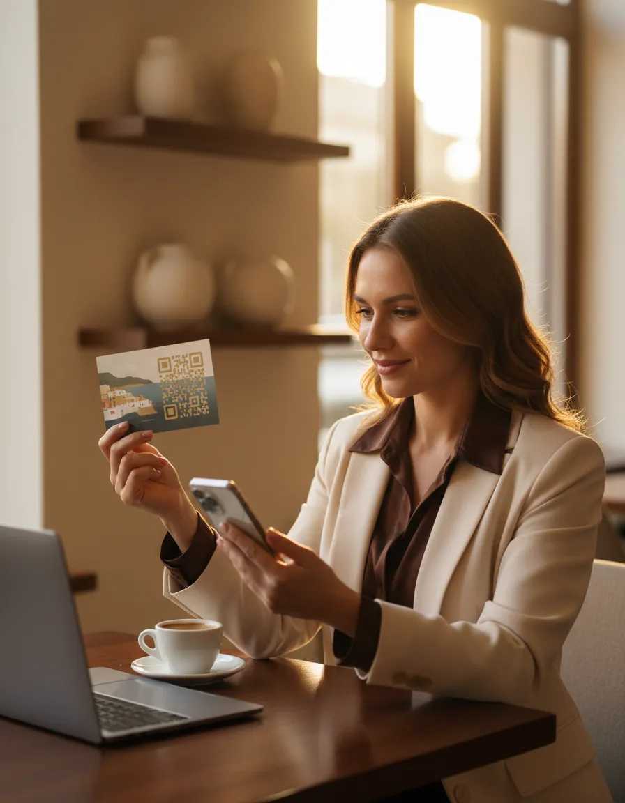 A professional scanning a QR code on a beautifully designed destination postcard while enjoying coffee