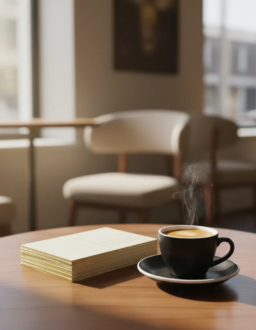 A stack of premium, tactile postcards resting on a warm wooden coffee table