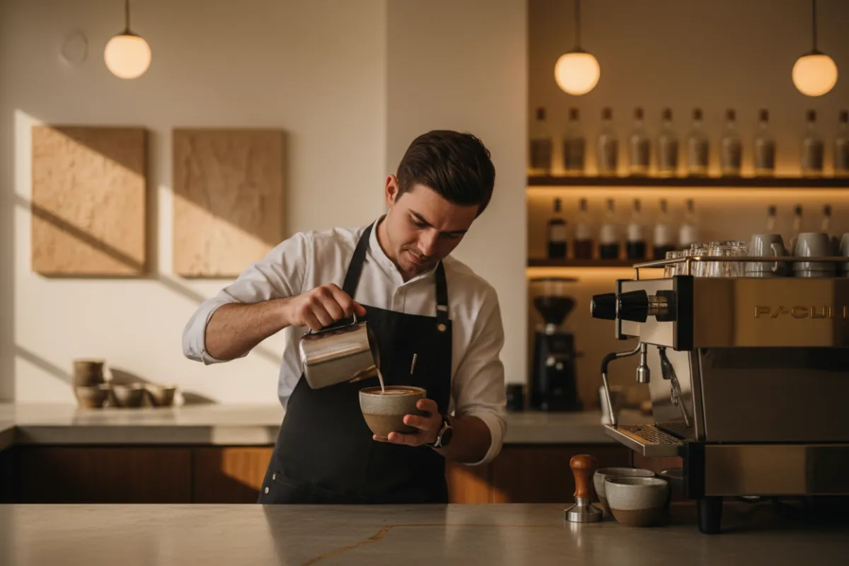 Barista pouring a premium coffee, representing a local business spotlight