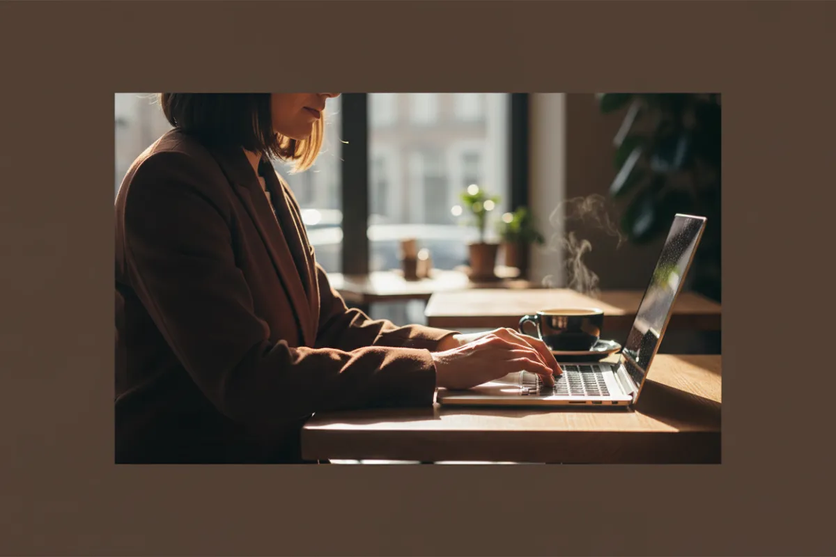 Professional setting up digital footprint on a laptop in a coffee shop
