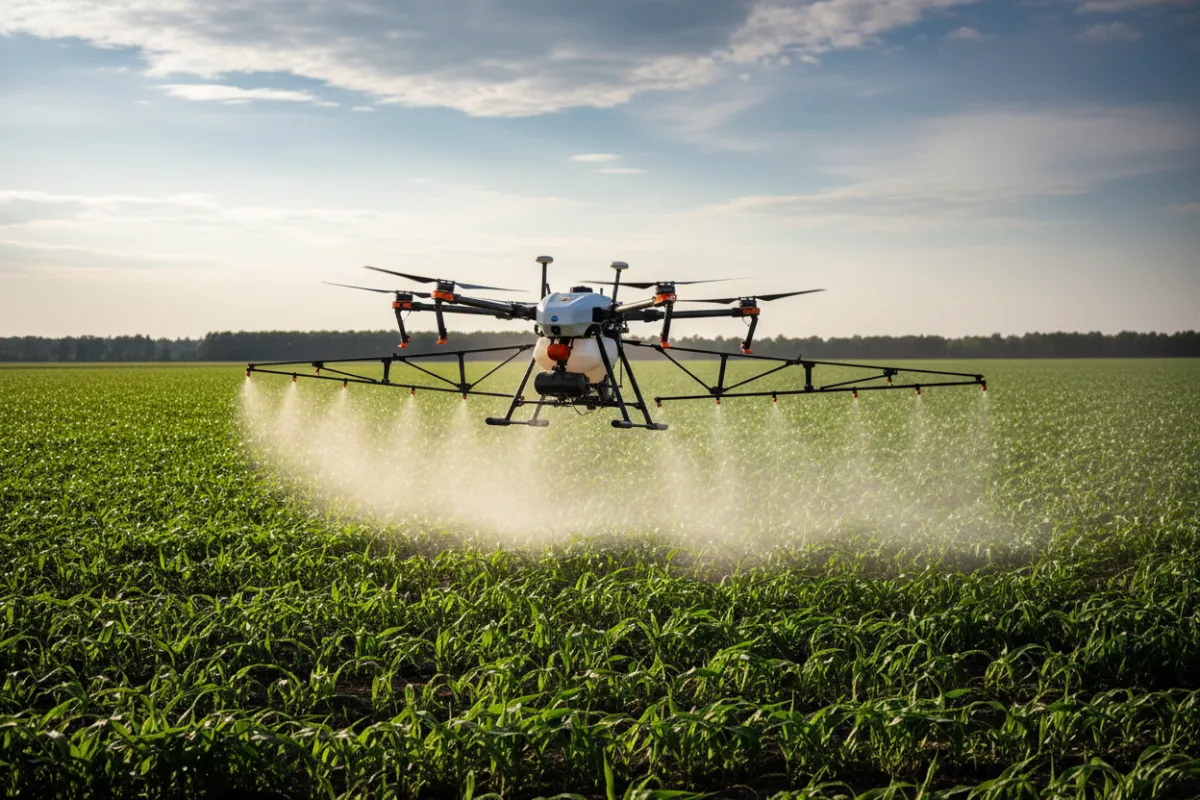 Agricultural drone spraying over UK crop field