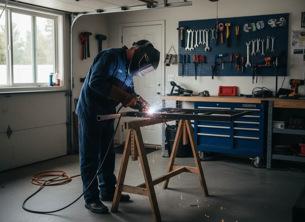 Welder working on a custom metal project in a residential garage