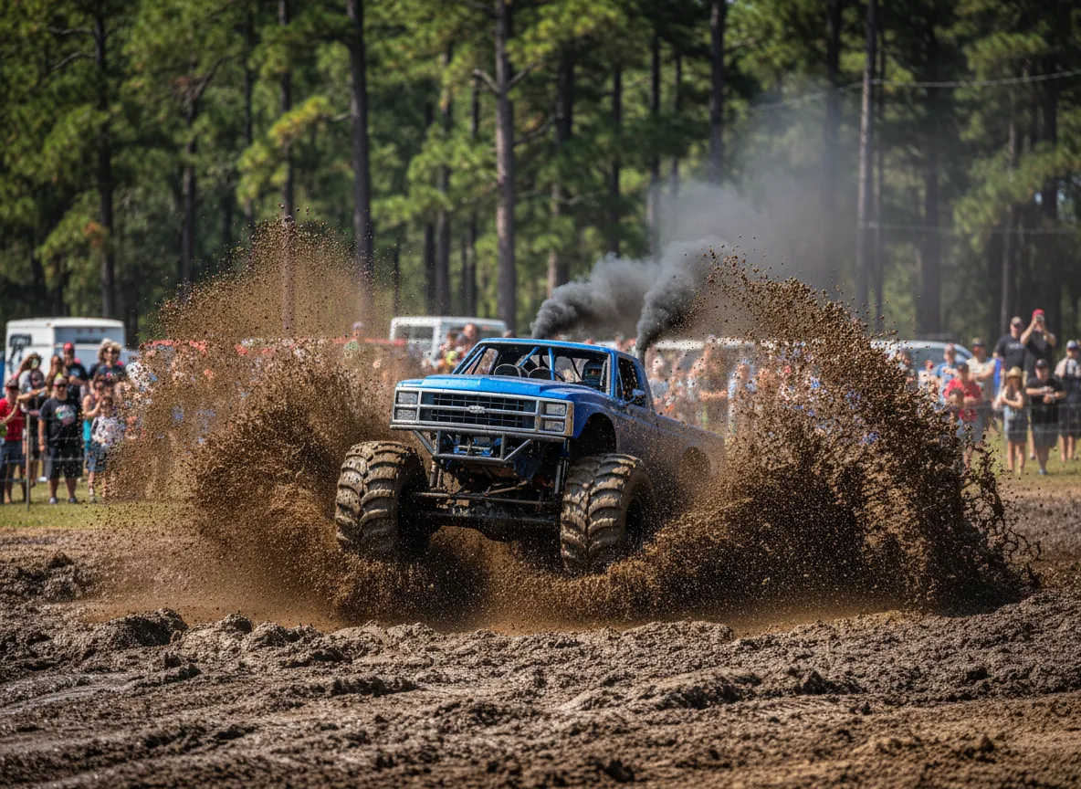 Mud truck splashing through deep mud pit at Miller Mud Boggs