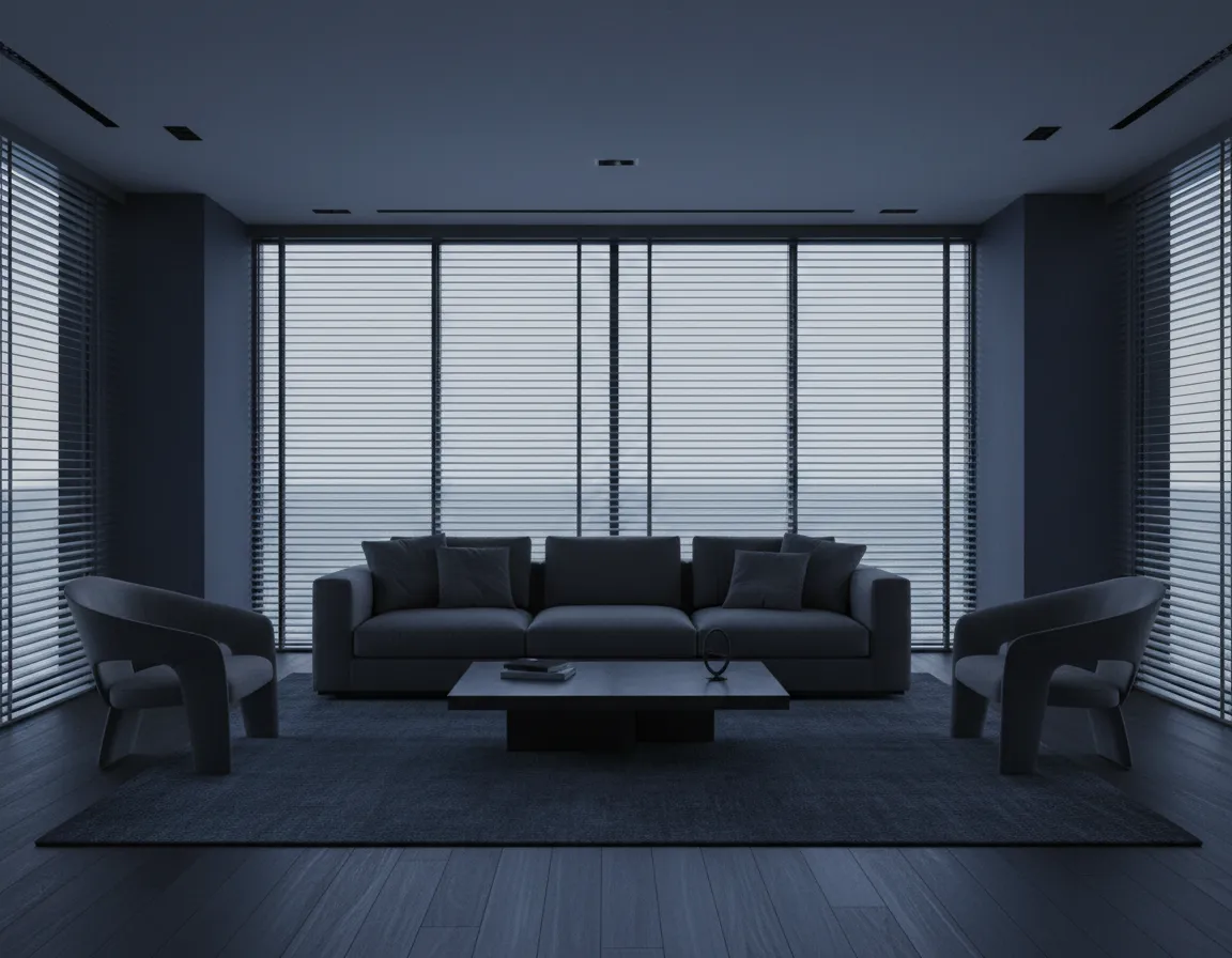 A dark room with closed blinds blocking the ocean view