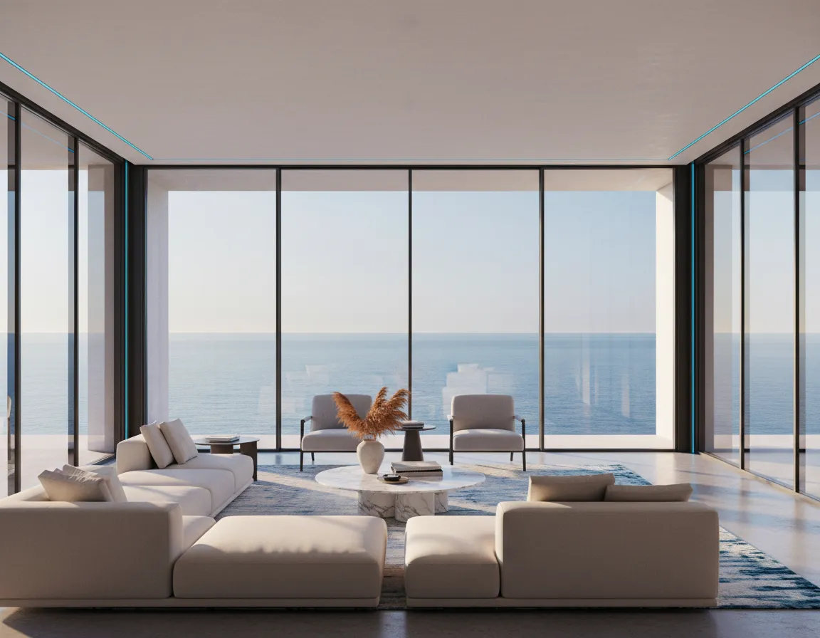 A bright room with perfectly clear ocean views through tinted windows