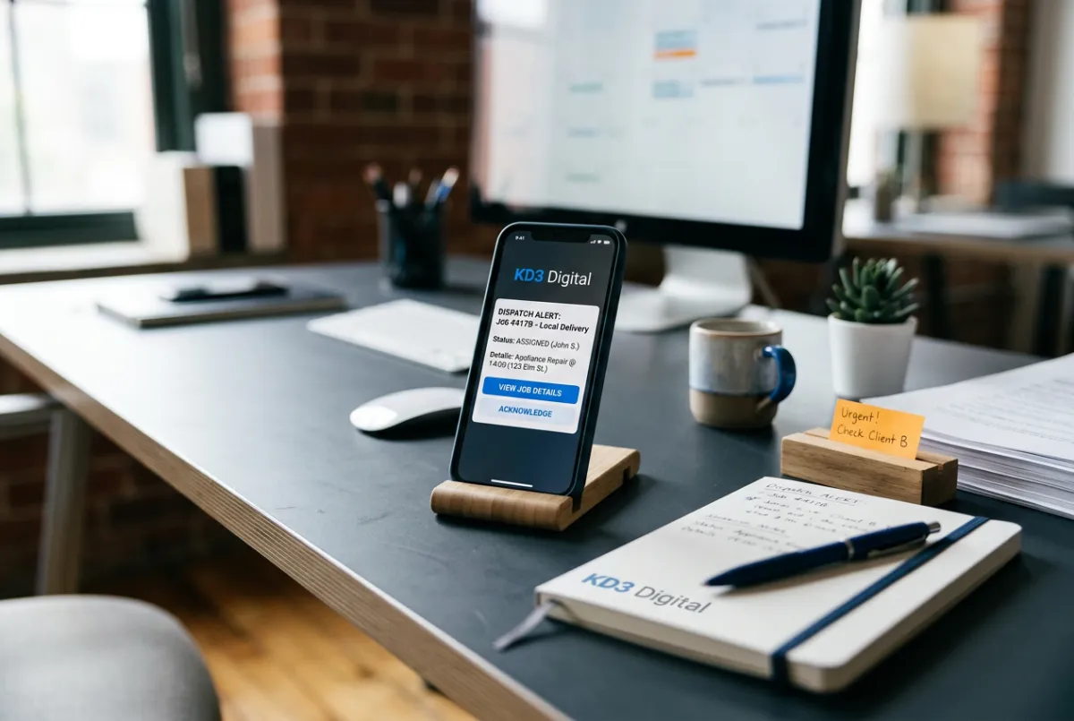 Modern service business office desk with smartphone running automated dispatch notifications