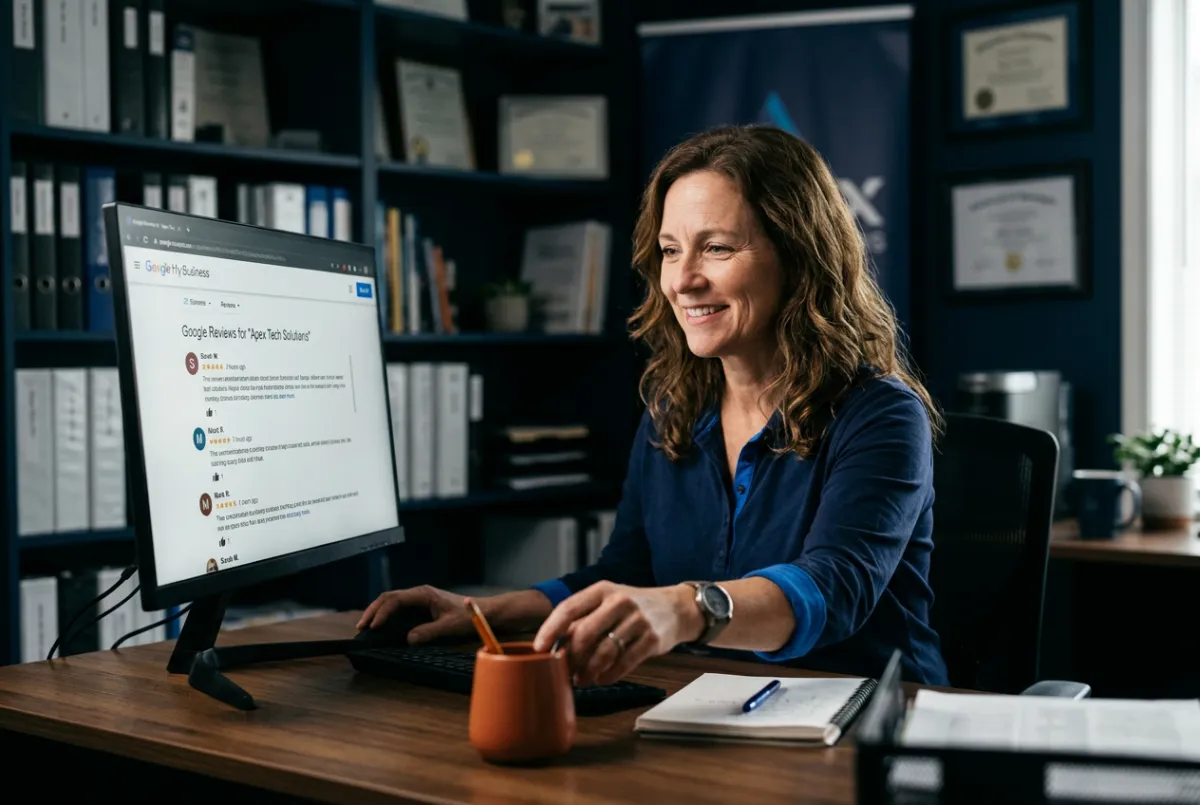 Local business owner reviewing positive Google client reviews on desktop workstation