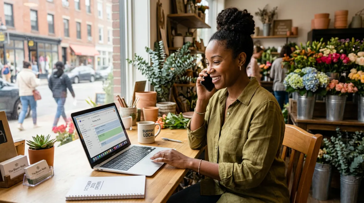 Melanated small service-business owner answering calls and managing appointments