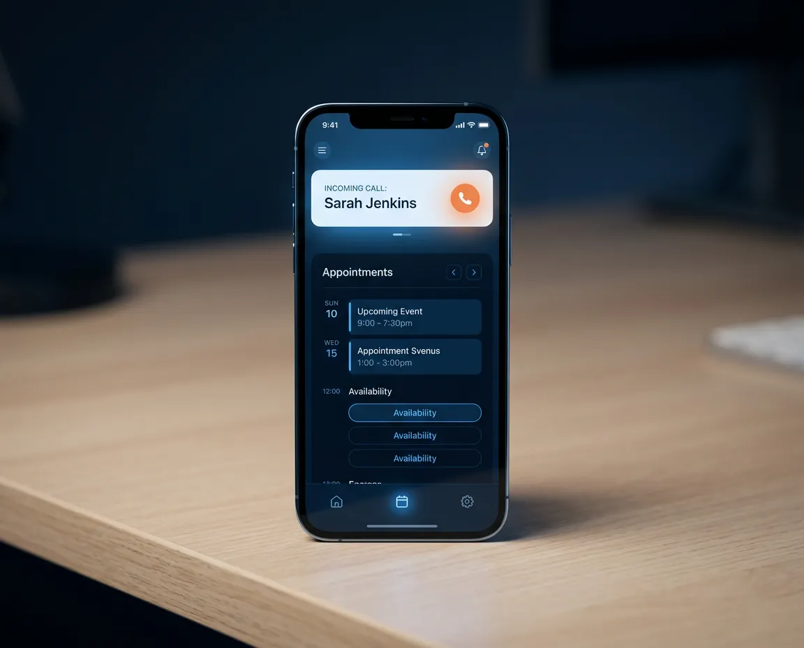 Clean smartphone and desktop dashboard mockup displaying incoming AI voice receptionist call logs and automated appointment scheduling