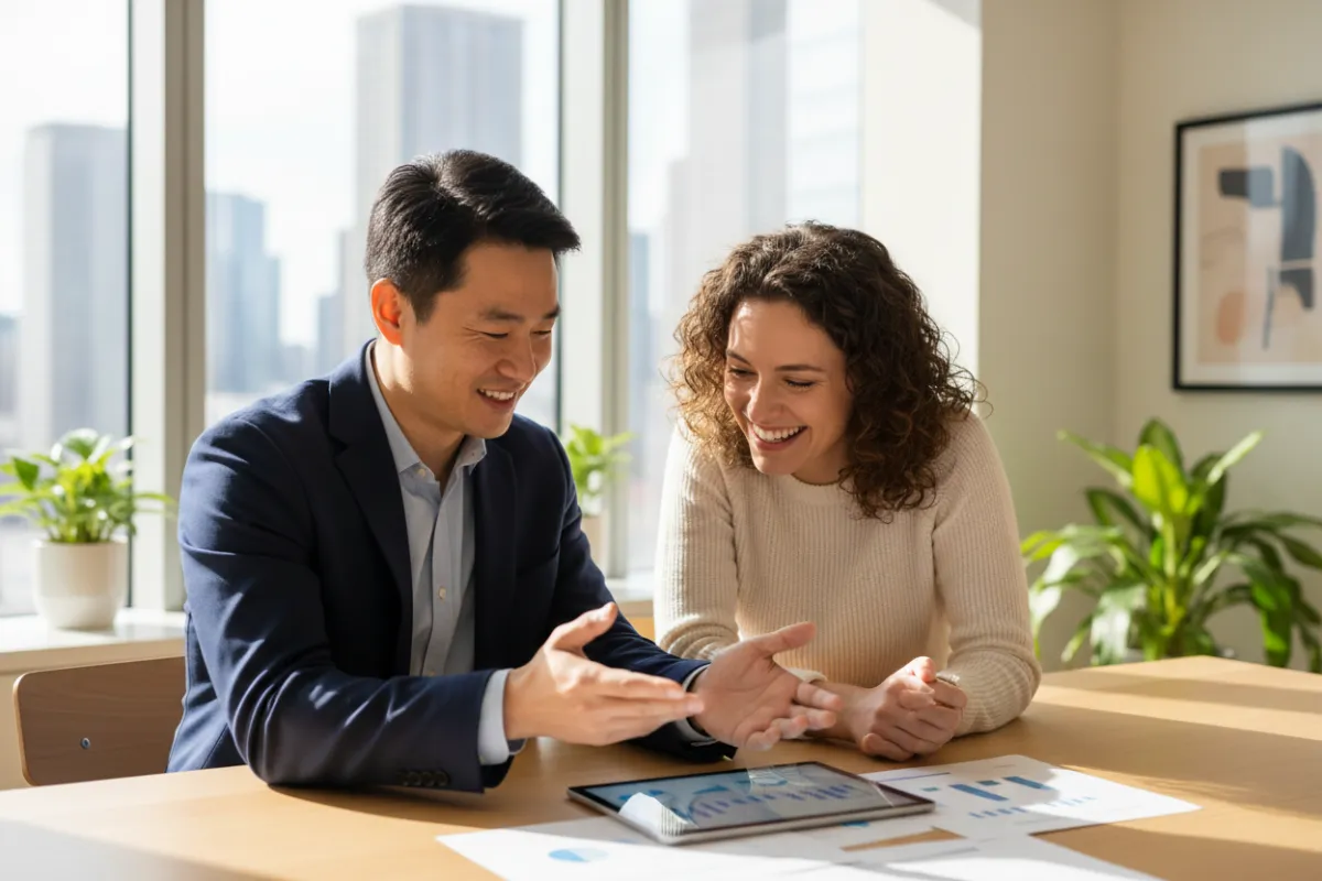 A smiling man and woman in their mid-30s, of different ethnic backgrounds, discuss financial plans at a bright table in a modern office. The atmosphere is collaborative and welcoming, with natural light and a 3:2 composition.