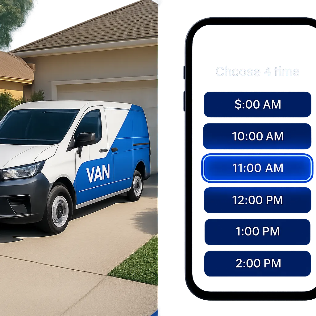 Composite showing a service van and a phone interface demonstrating missed call text-back