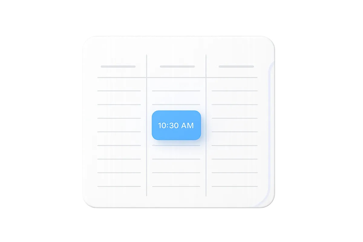 A clean 3-day calendar view in light gray. A chat bubble appears on the left. A slot on Tuesday at 10:30 AM turns to bright blue with a subtle pulse, demonstrating Erva's real-time AI booking capability.