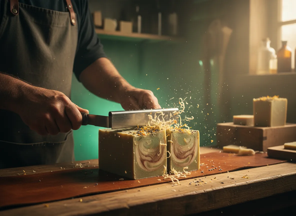 Handcrafted soap being cut in the workshop