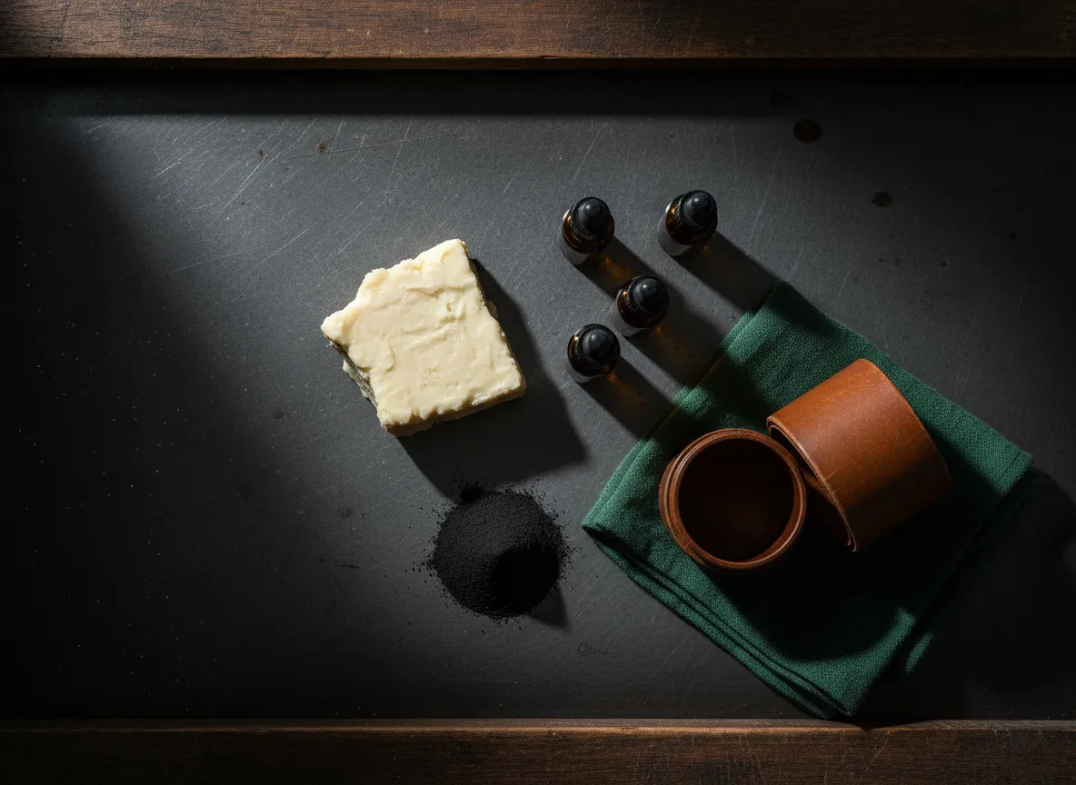 Raw soap making ingredients on a wooden workbench