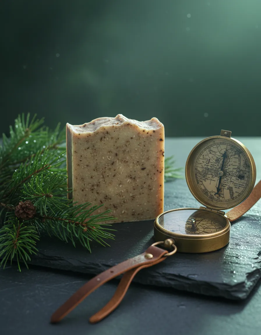 Outdoorsman Series soaps displayed near wood and steel tools