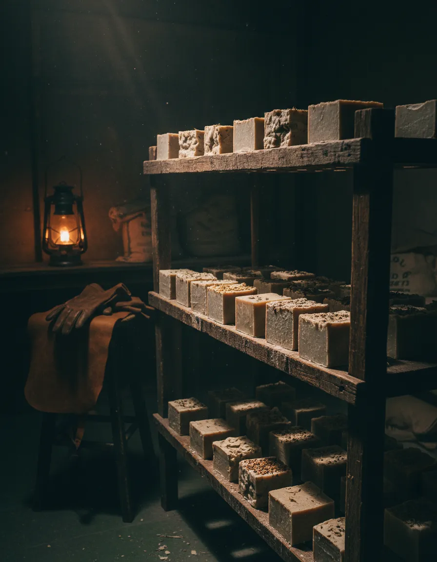 Atmospheric photo of the Forge & Crown craftsman workshop with soap curing on wooden racks