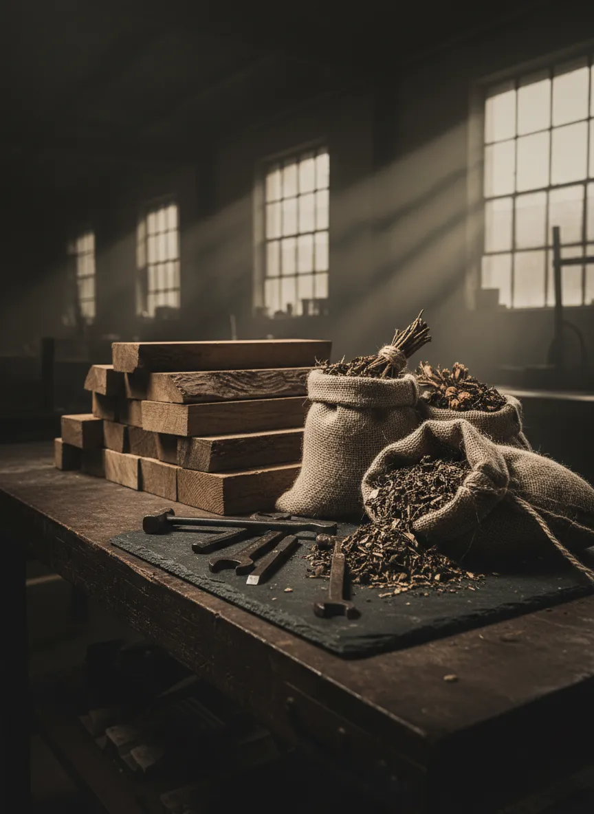 Desaturated, high-contrast photo of raw materials in a workshop setting, sepia-tinted