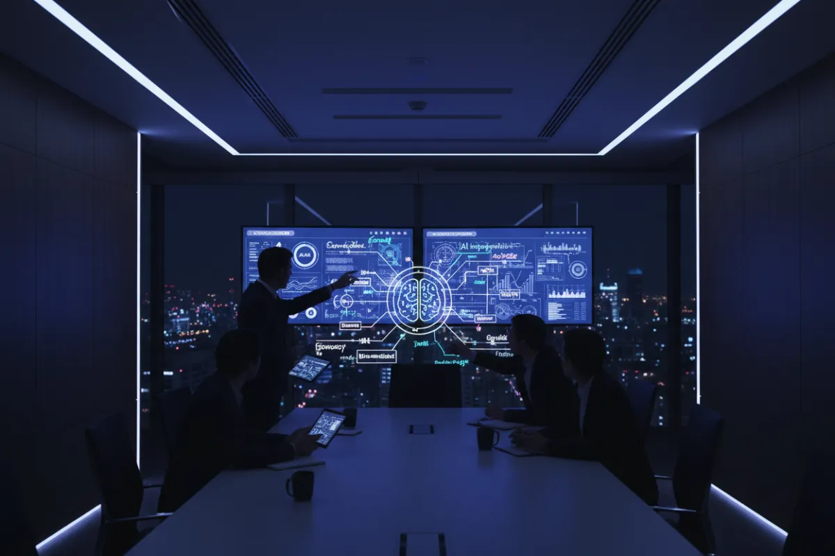 Landscape image of a consultancy meeting showing dashboards and collaborative notes about AI adoption in services firms.