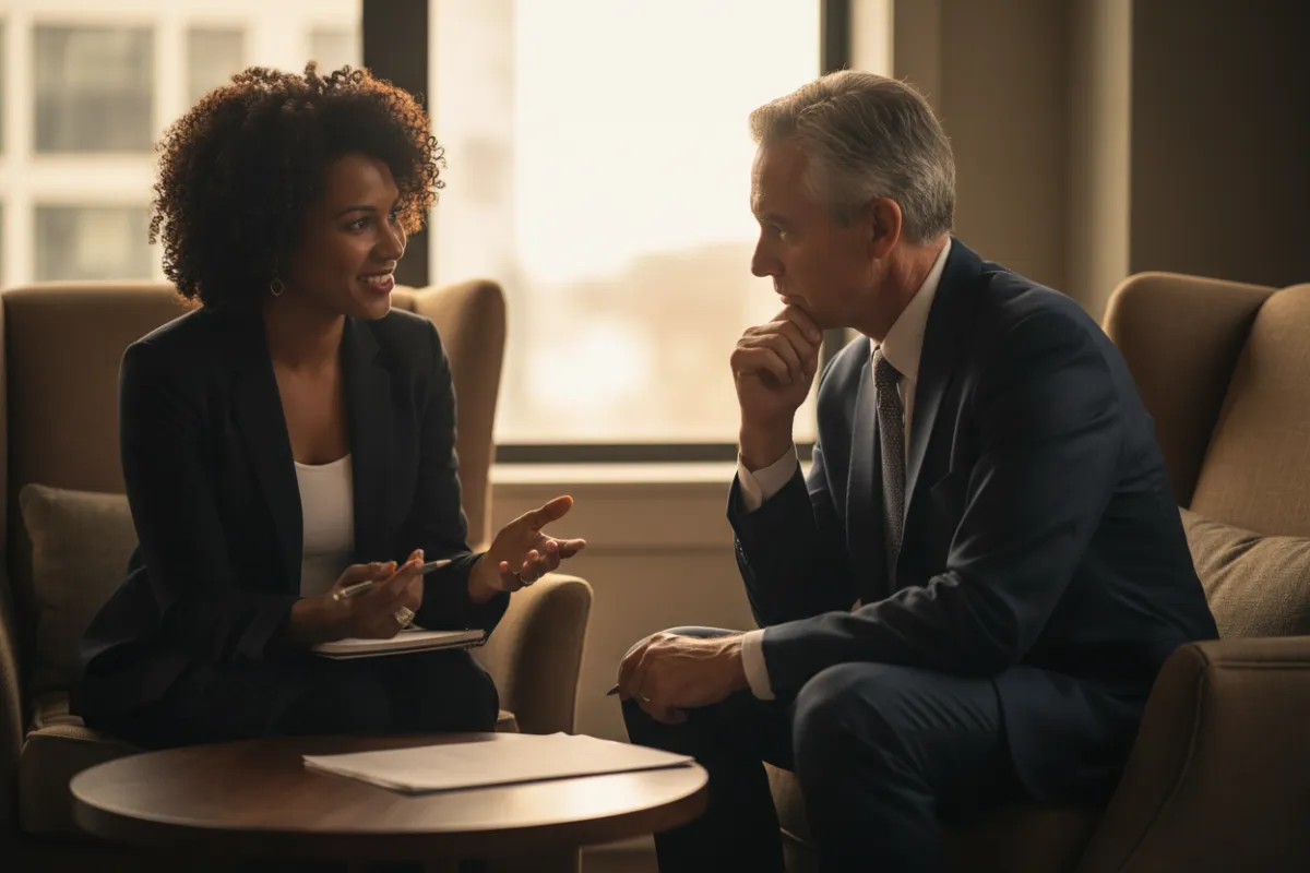 Portrait-style coaching scene: Dr. Cheryl in discussion with a senior exec, one-on-one coaching energy.