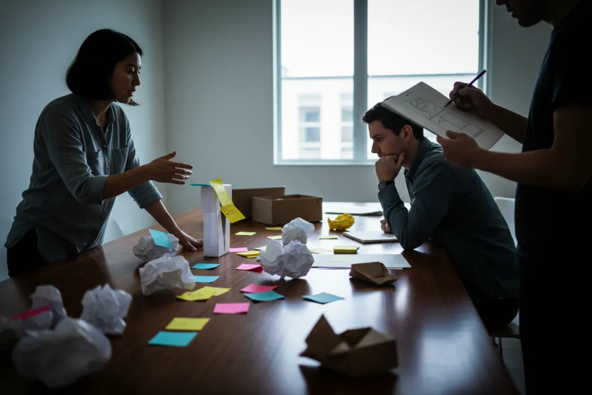 Workshop hands-on prototyping: sticky notes, rough paper prototypes, facilitator capturing outcomes.