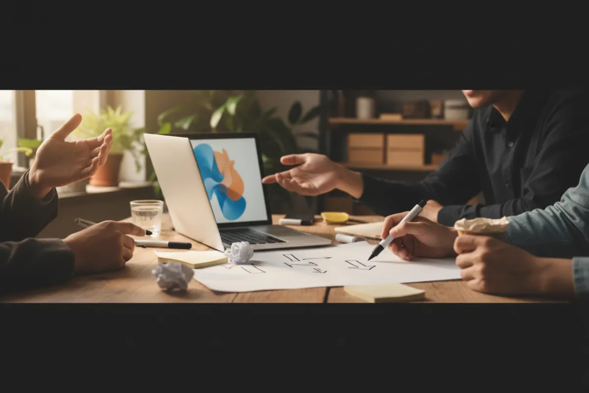 Banner-style image: small workshop table with hands around a laptop and marker notes, warm natural lighting, corporate meeting feel.