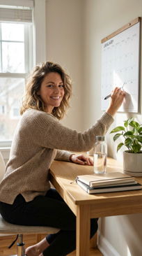 Woman working at desk with plants