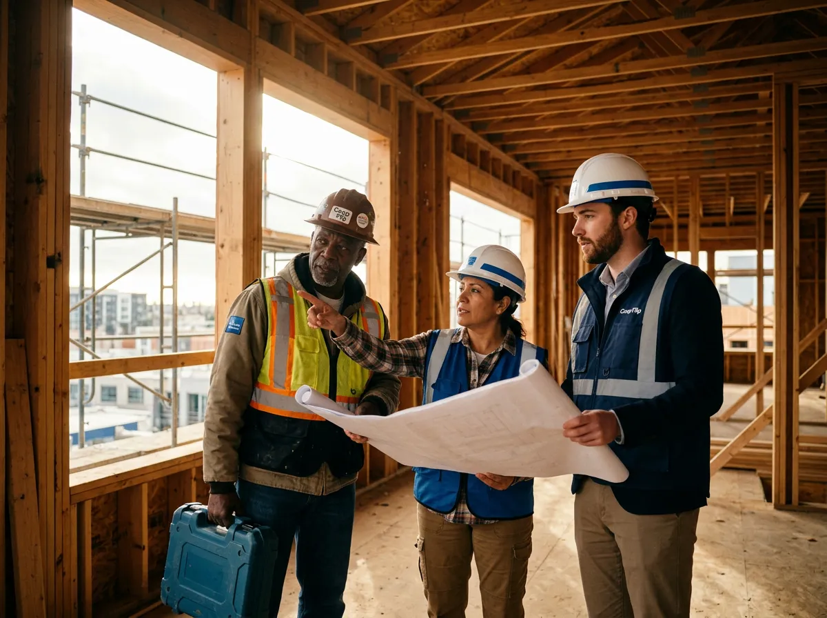 Active real estate rehabilitation project walkthrough with general contractor and joint venture partner checking architectural progress