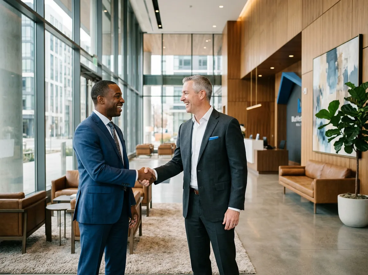 Real estate networking event with investors discussing deal structures in a collaborative workspace