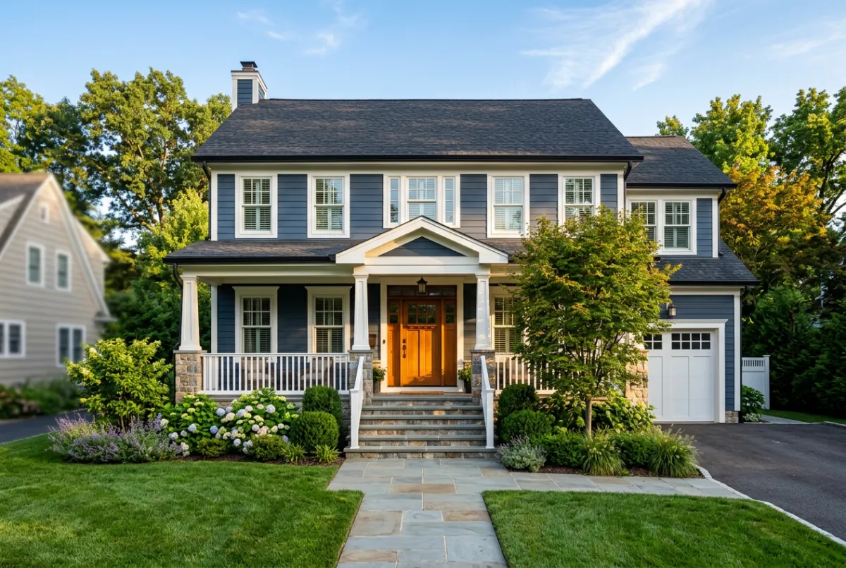 Modern suburban two-story home in clear sunny daylight
