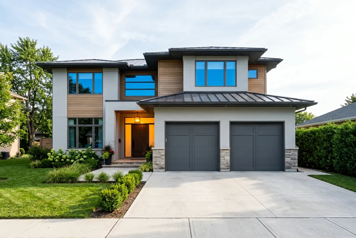 Contemporary suburban home with two-car garage in sunlight