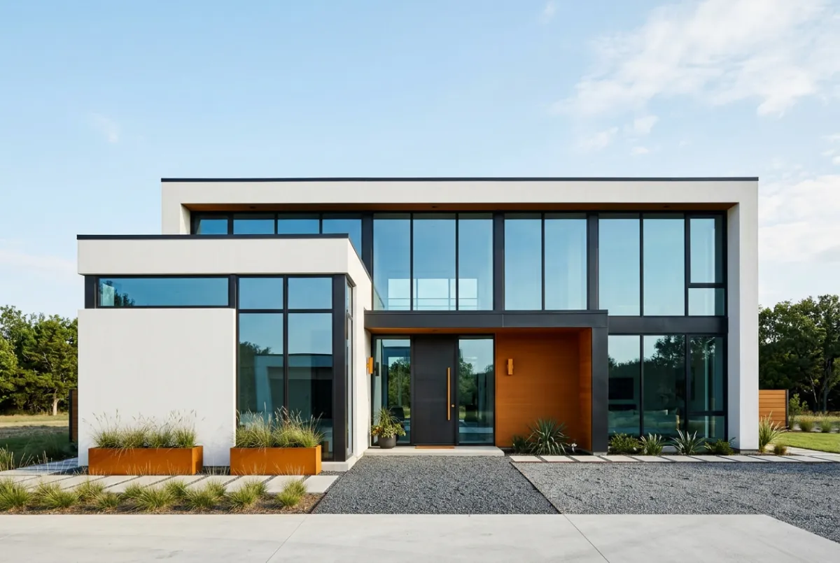 Sleek single family home with modern architecture in daytime