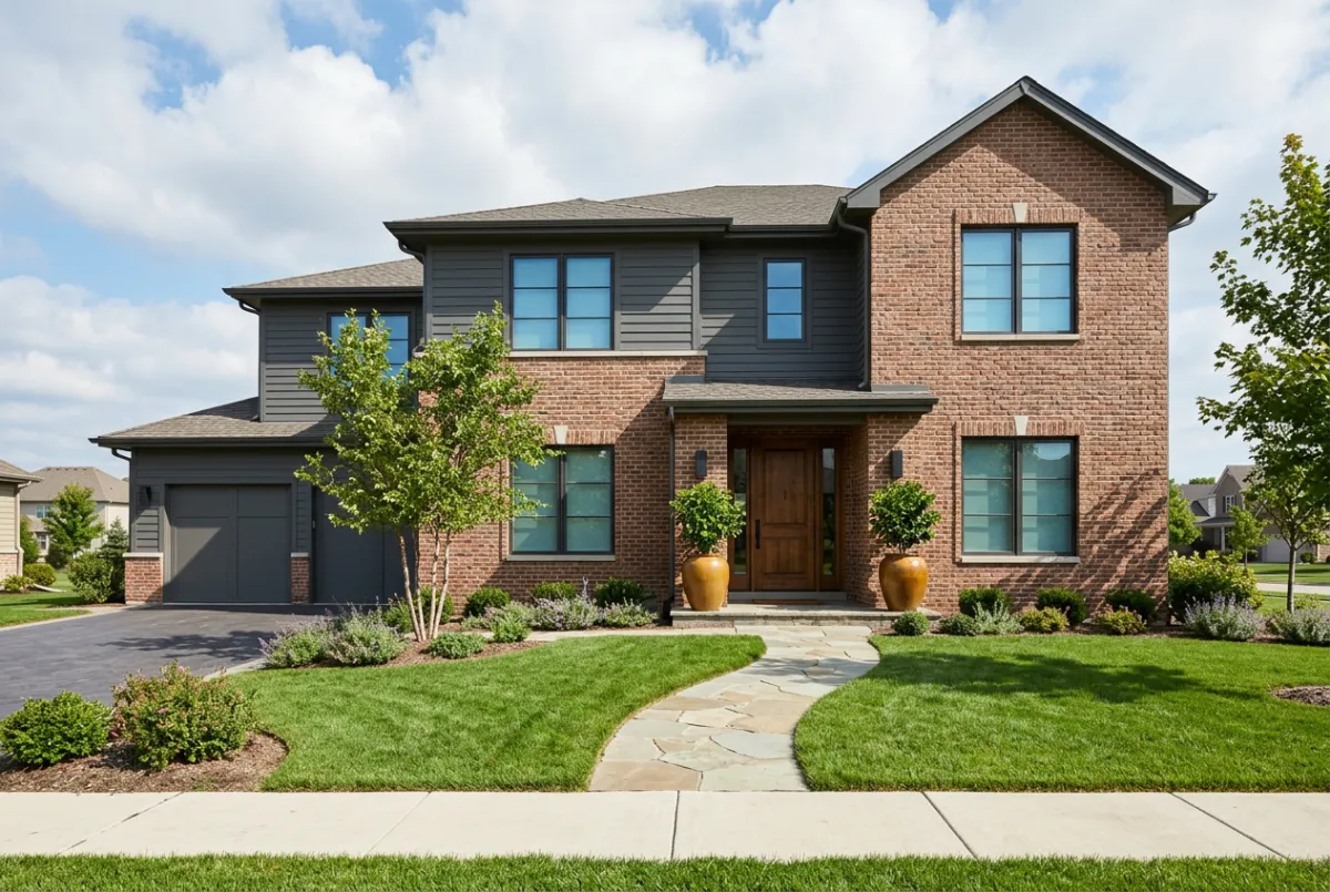 Modern brick and siding home with landscaped lawn in sunlight