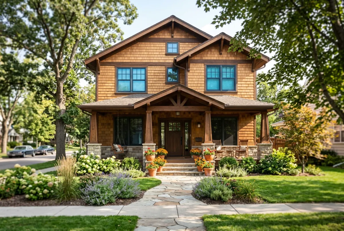 Craftsman style family residence in bright daylight