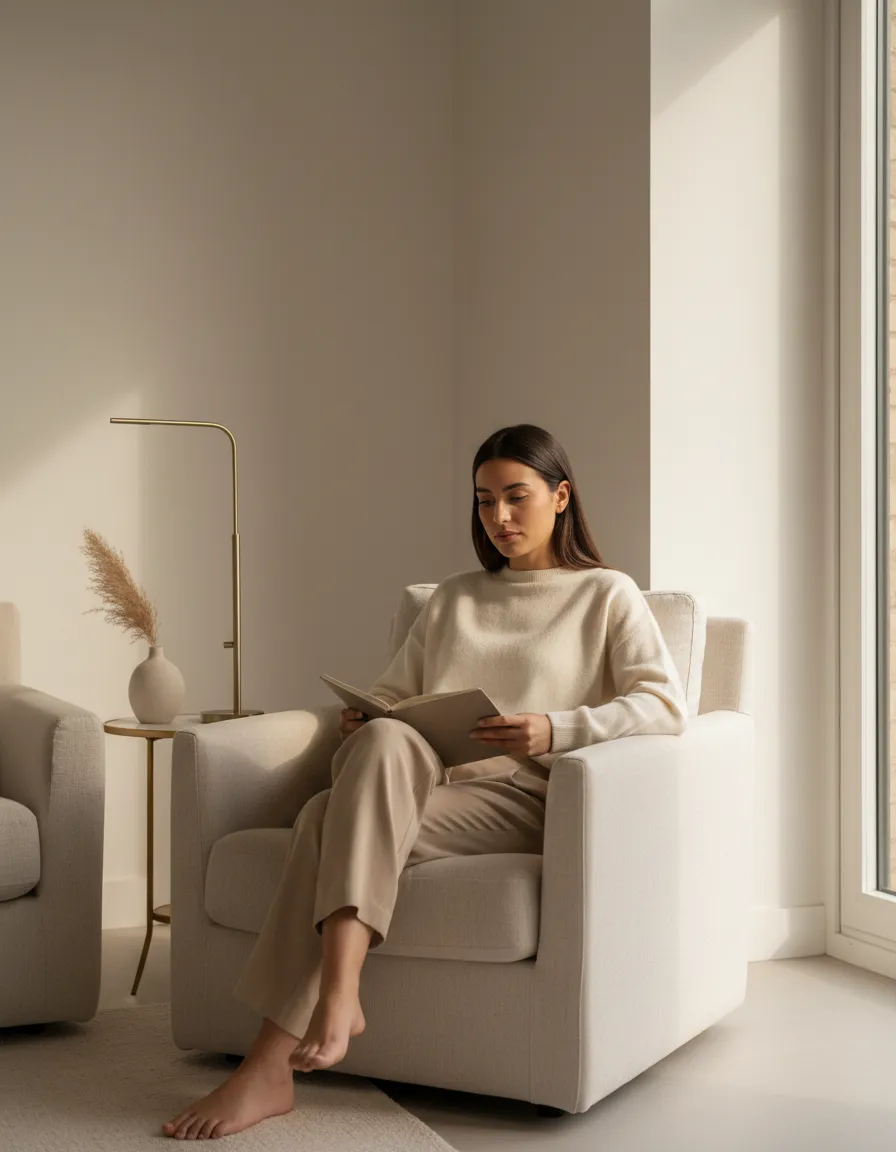 Mujer Latina reflexiva en un espacio elegante con tonos neutros