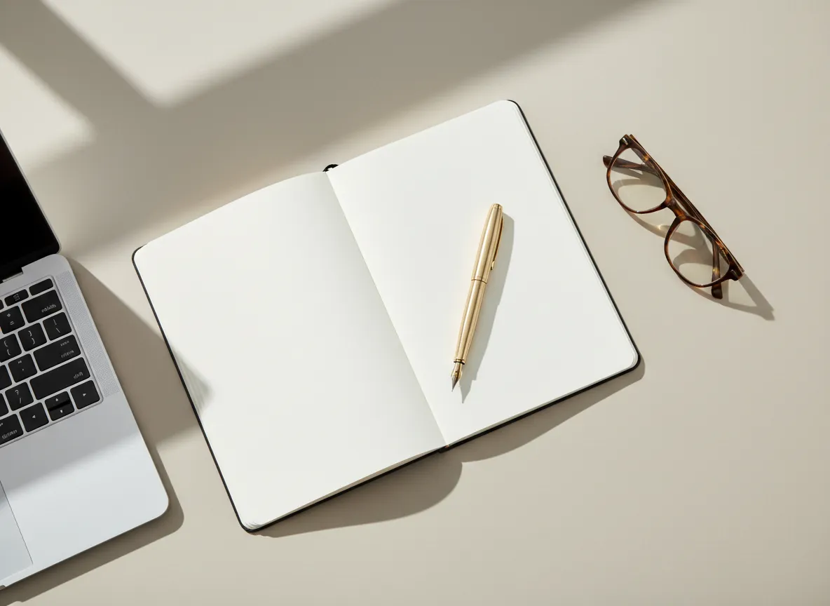 Imagen editorial minimalista de estrategia, claridad, escritura y planificación