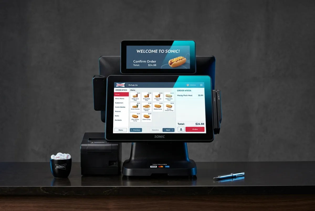 Sonic Countertop Dual-Screen POS terminal for high-volume customer checkout